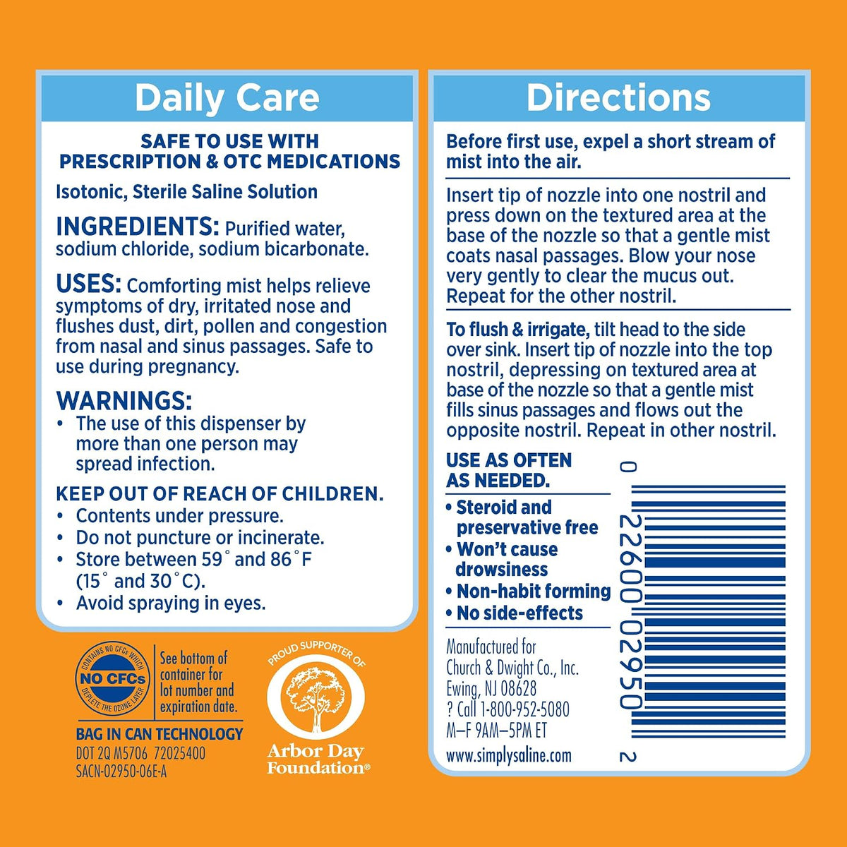 ARM & Hammer Simply Saline Daily Care Nasal Spray, [4.5 oz/Pack of 2] | Saline Nasal Spray, Drug-Free
