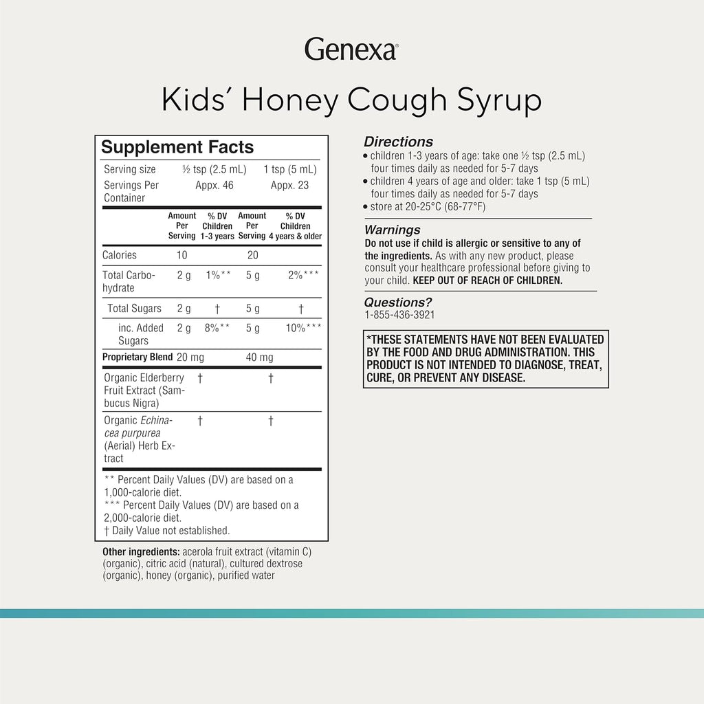 Genexa Kids Honey Cough Syrup Made Clean, Organic Honey Flavor, 4 fl oz | Dye Free, 0% Artificial Additives, Gluten Free, Non-GMO, Soothing Children & Toddler Cough Remedy for Kids Ages 1+
