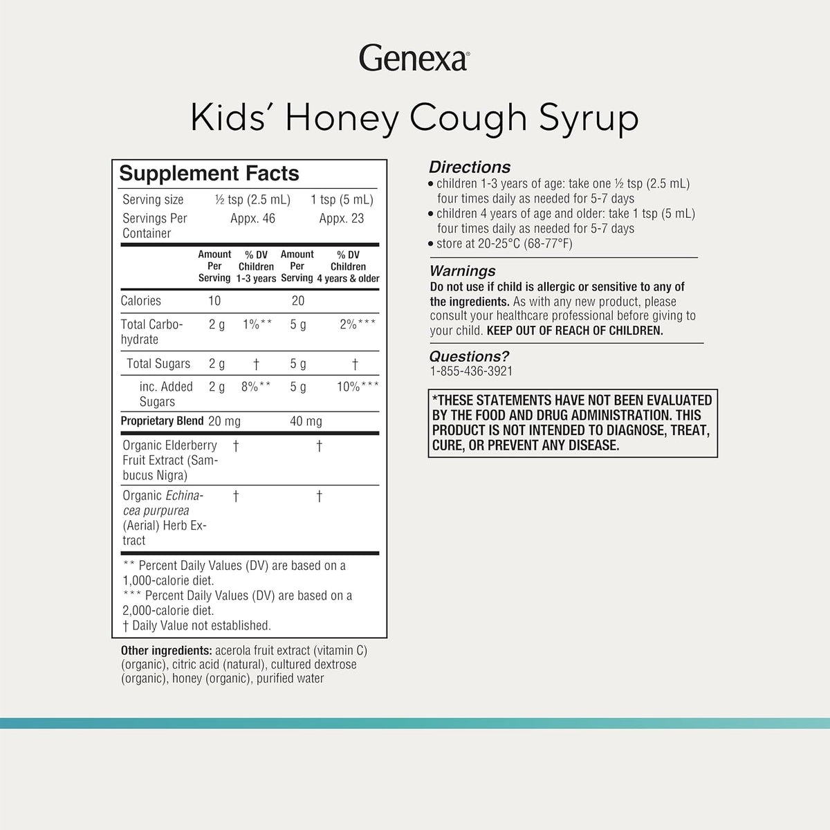 Genexa Kids Honey Cough Syrup Made Clean, Organic Honey Flavor, 4 fl oz | Dye Free, 0% Artificial Additives, Gluten Free, Non-GMO, Soothing Children & Toddler Cough Remedy for Kids Ages 1+