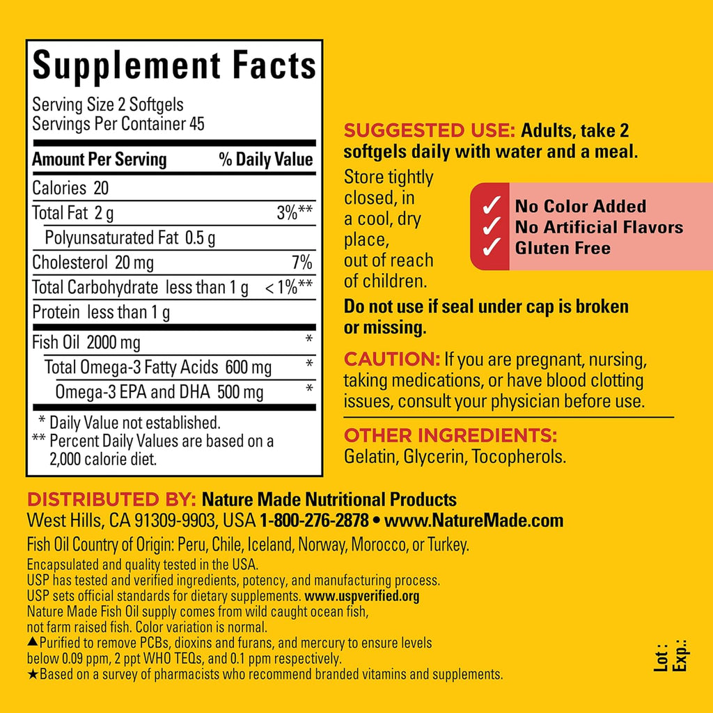 Nature Made Fish Oil Omega 3 Supplements, 1000 mg Softgels, 90 Softgels | Omega 3 Fish Oil for Healthy Heart Support, Gluten Free, Dairy Free, 45 Day Supply