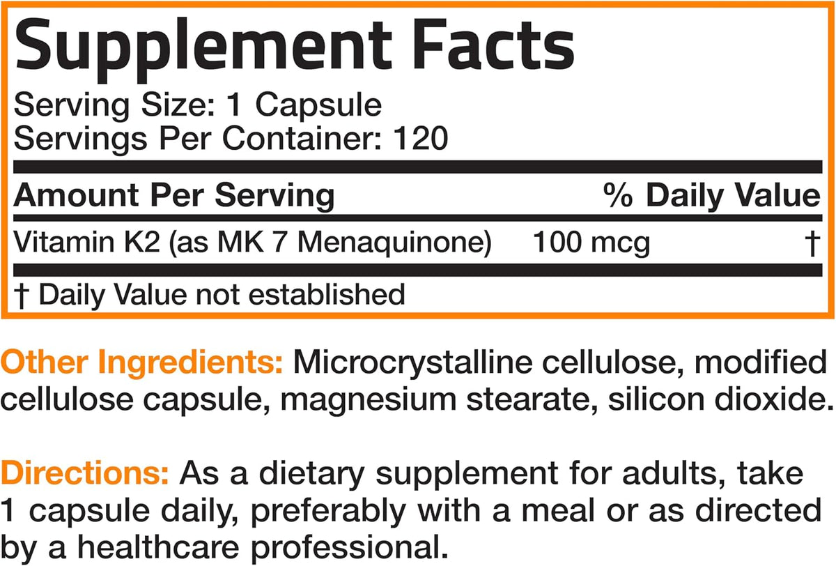 Bronson Vitamin K2 as MK-7 Menaquinone 100 mcg Non-GMO, 120 Capsules
