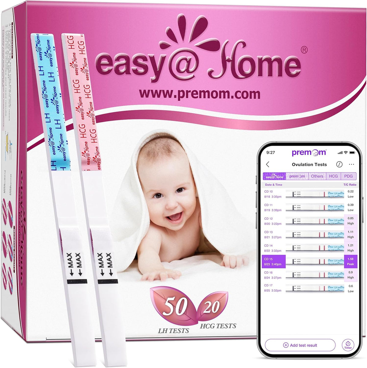 Easy@Home 50 Ovulation Test Strips and 20 Pregnancy Test Strips Combo Kit, (50 LH + 20 HCG)-Package May Vary