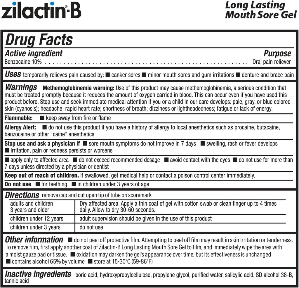 Zilactin B Fast Acting Canker Sore Treatment Gel 0.25 Oz, Pack of 1 | Long Lasting Relief & Protection of Canker Sores, Mouth Sores & Gum Irritations, Up to 6 Hours of Protection, Made in USA