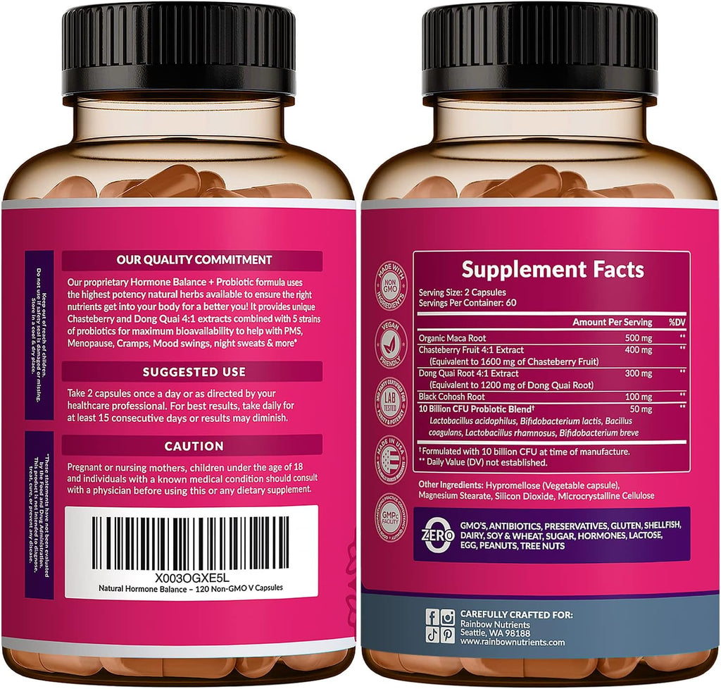 Hormone Balance + Probiotics for Women- Natural Menopause Relief, Weight Management, Bloating, Hot Flashes, PMS | Organic Maca, Chasteberry, Dong Quai & Black Cohosh | Non GMO |120 V Capsules