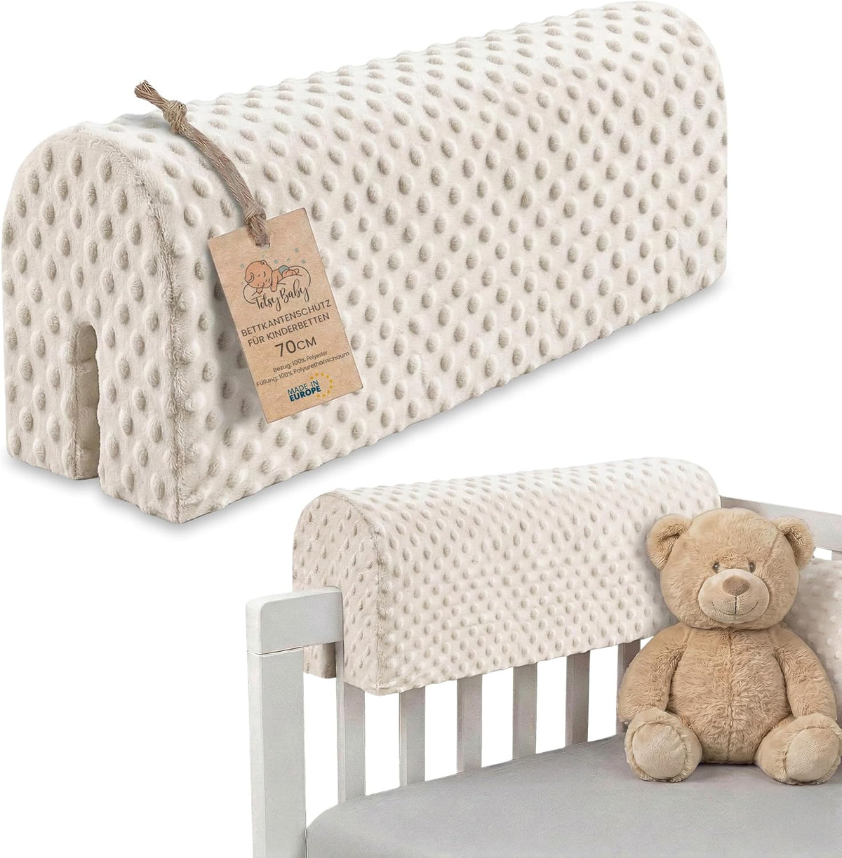 Totsy Baby Bumper Cot Bumper Baby Cots 70 cm – Anti-Fall and Shock Protector Barrier Foam Safety Children and Girls for Bed Protection of Fence and Edge for Children Minky Light Beige