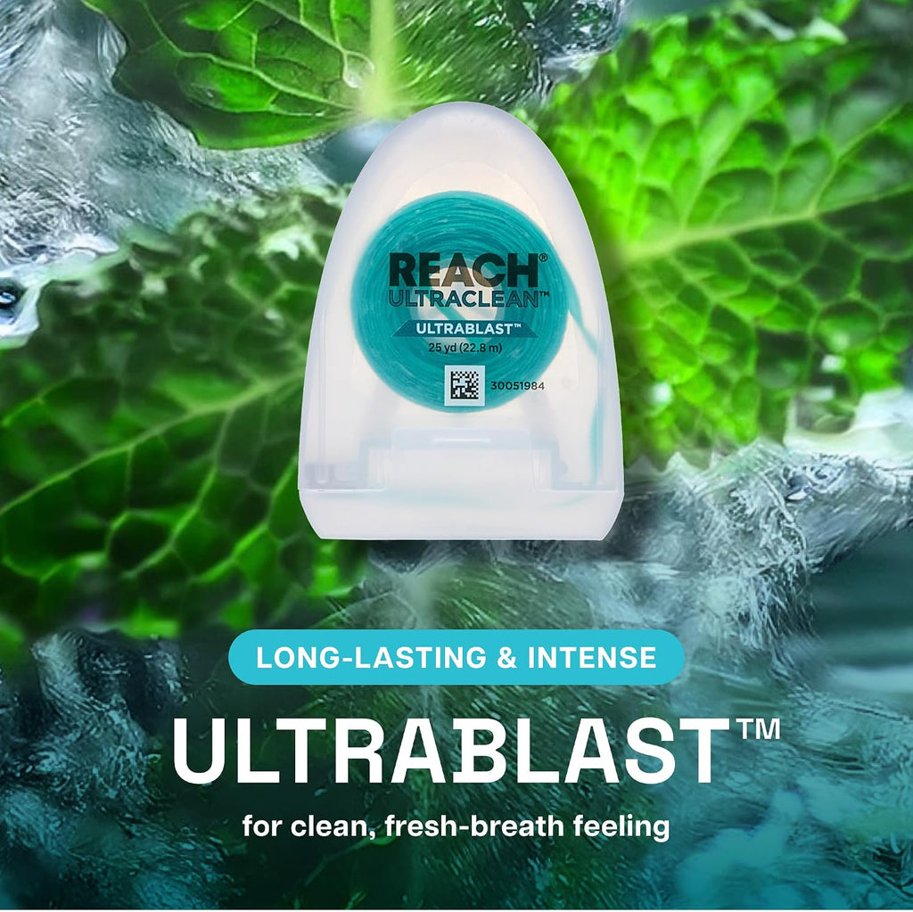 REACH® ULTRACLEAN ULTRABLAST, Cool Mint Dental Floss, Plaque Remover for Teeth, Shred Resistant, Waxed, Easy on Gums & Teeth, Fresh Breath, Oral Care, PFAS Free, for Adults & Kids, 3 PK, 25 YD