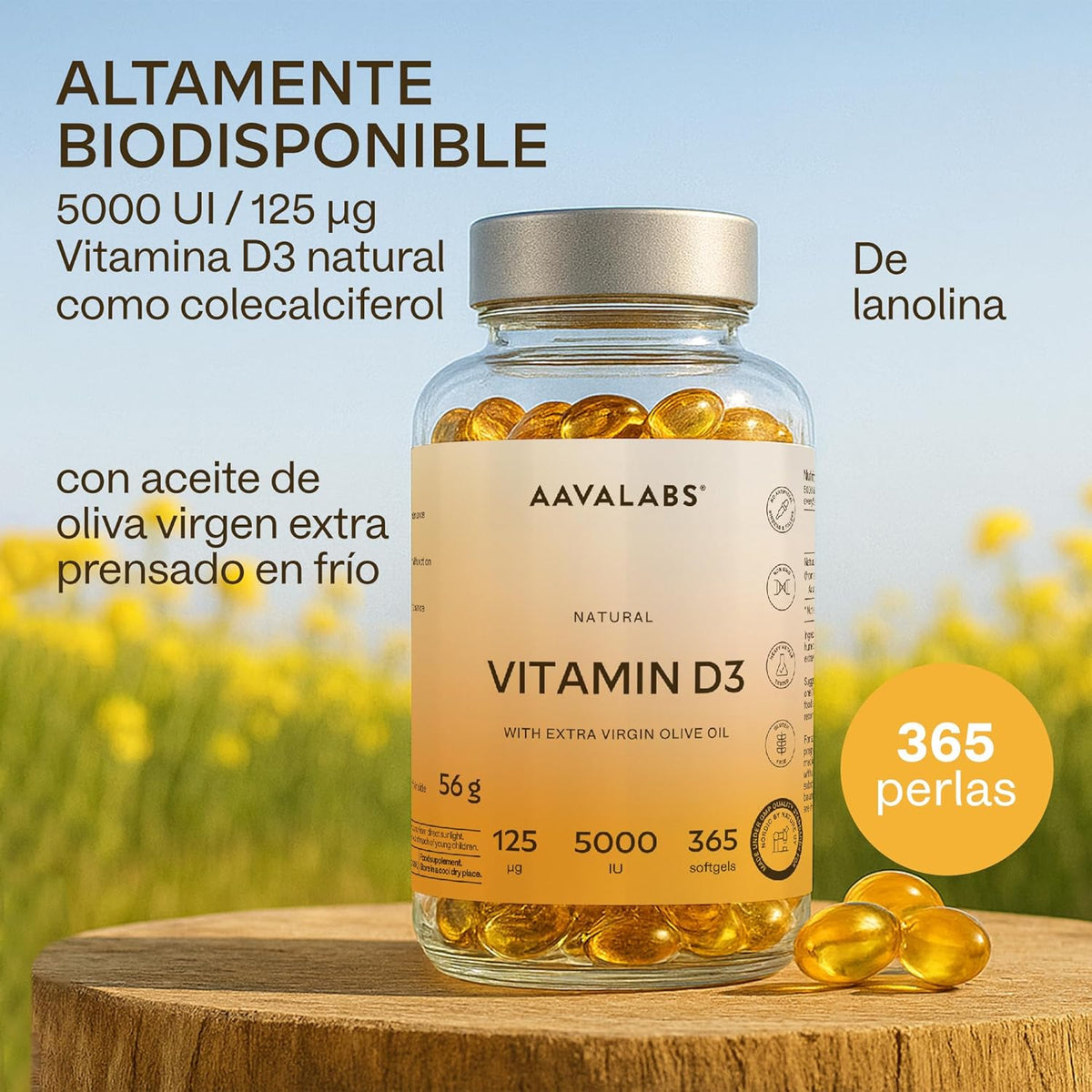 Vitamin D3 Natural [5000 IU] Depot - Highly Concentrated - with Extra Virgin Olive Oil for Optimal Absorption - Supports Bone and Immune Function - Food Supplement - 365 Capsules