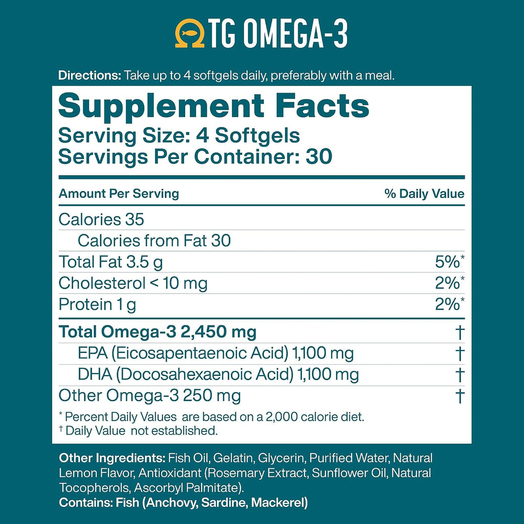 Macuhealth Omega 3 Fish Oil - 1100mg DHA, 1100mg EPA - rTG Formula | 120 softgels, 3 months supply - Eye & Brain Health Supplement, Triglyceride Formula