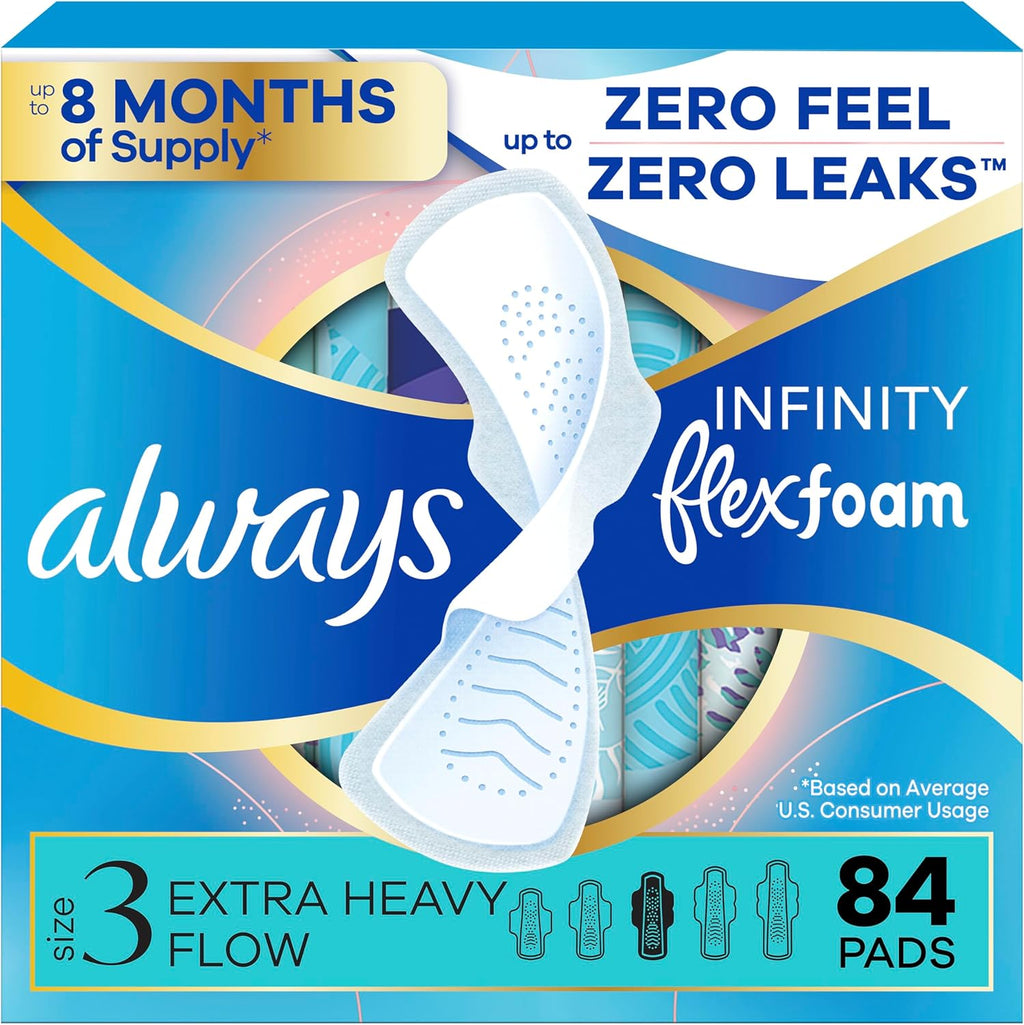 Always Infinity Feminine Pads for Women, Flexfoam Pads with Wings, Size 3, Extra Heavy Absorbency, Unscented, 84 Count (3 Packs of 28)