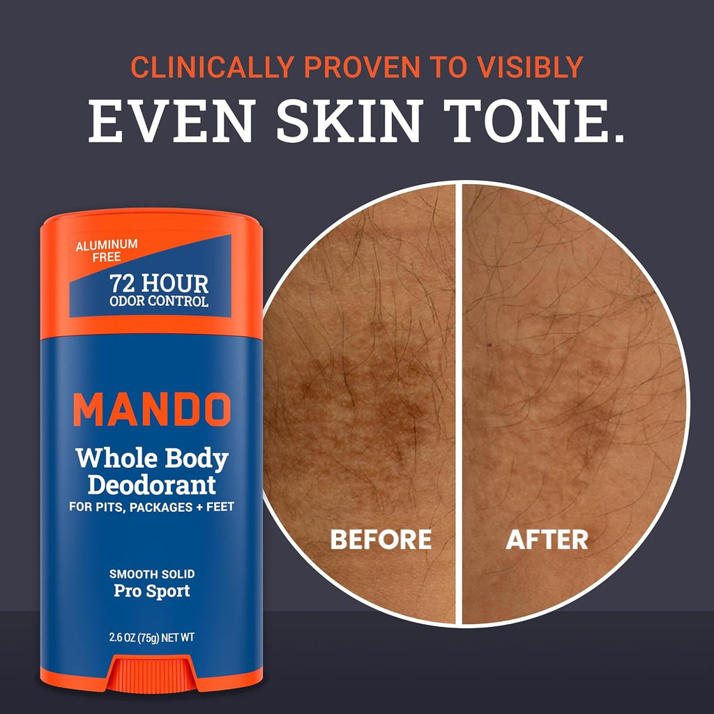 Mando Whole Body Deodorant For Men - Solid Stick - 2.6 oz, 2 pk - Pro Sport | 72 Hour Odor Control with Mandelic Acid. Use on underarms, chest, feet & below the best. Aluminum Free & Baking Soda Free