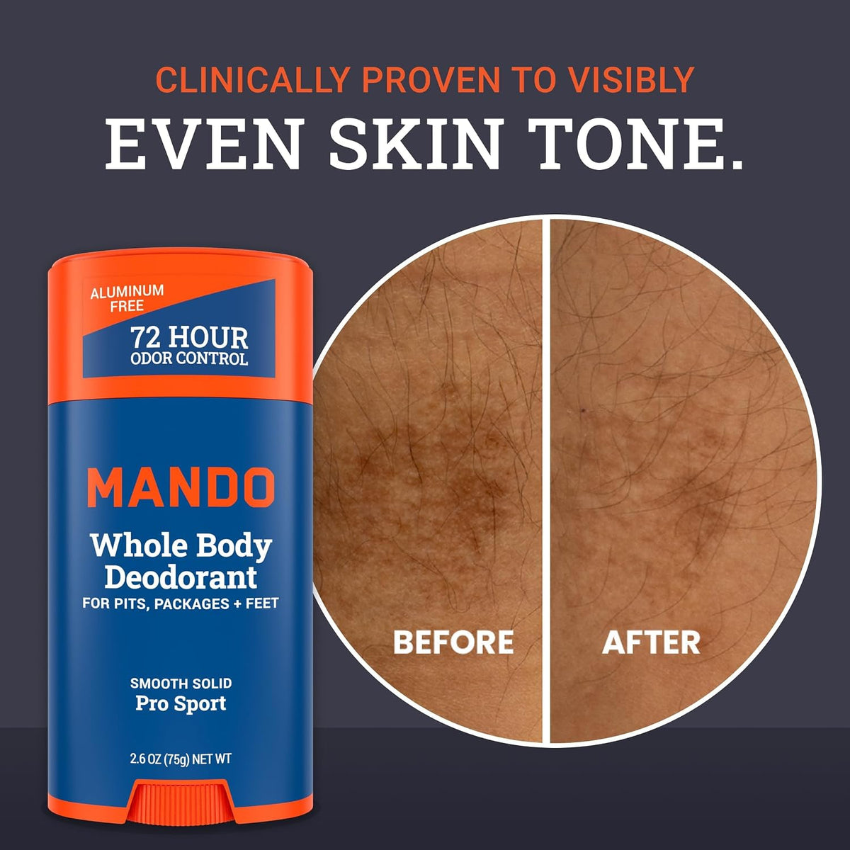 Mando Whole Body Deodorant For Men - Solid Stick - 2.6 oz, 2 pk - Pro Sport | 72 Hour Odor Control with Mandelic Acid. Use on underarms, chest, feet & below the best. Aluminum Free & Baking Soda Free
