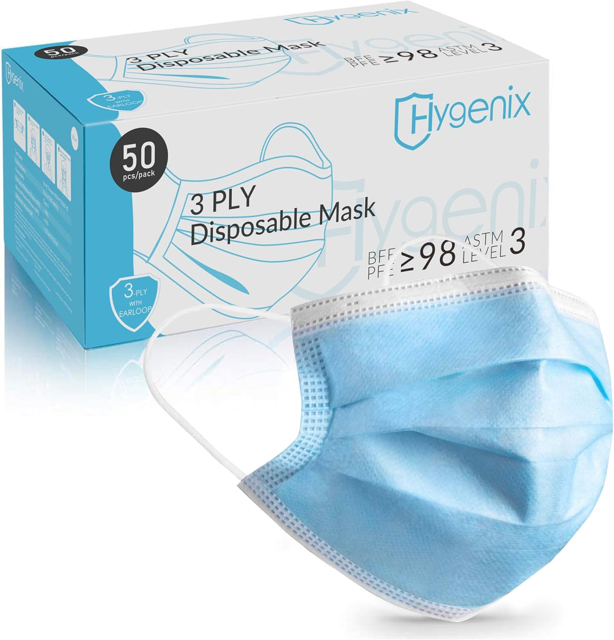 FDA Cleared ASTM Level 3 Procedure Face Masks, Made in USA, ?98% Filtration, Fluid Resistant, 3-Ply Ear Loop, 50 Pack