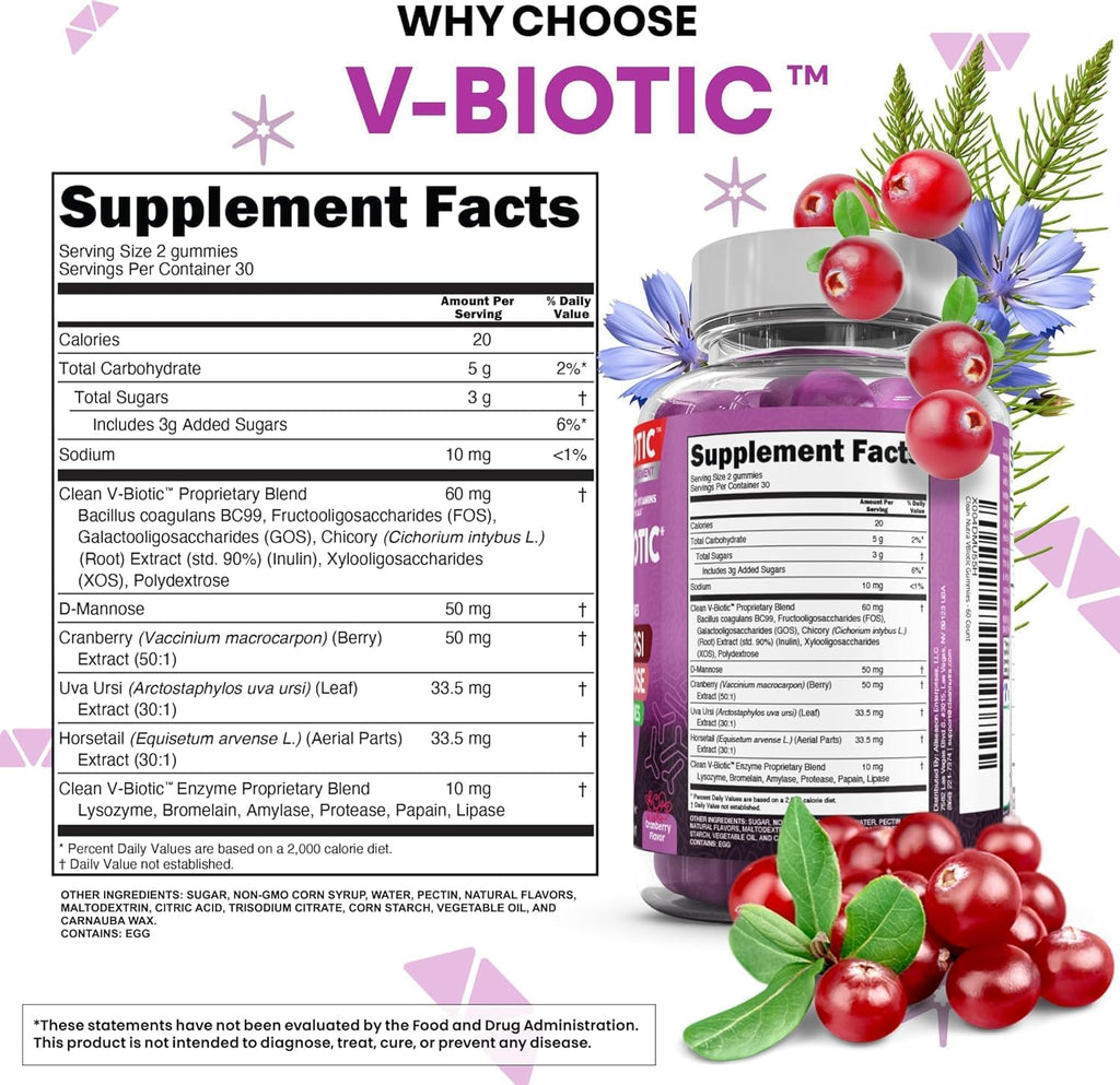 Vaginal Probiotic Gummies For Women | Prebiotics Cranberry D-Mannose Uva-Ursi Digestive Enzymes | Vaginal Health Supplement pH Balance to Promote Healthy Vaginal Odor & Flora Cranberries Gummy Vitamin