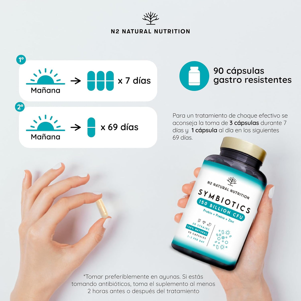 Probiotics 150 Billion CFU and 20 Strains. Maximum Concentration of Intestinal Probiotics and Prebiotics and Zinc. Shock Therapy 76 Days. Irritable Colon and Gases. Vegan. CE. N2 Natural Nutrition
