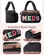 Fasrom Chenille Letter Medicine Bag, Pill Bottle Organizer for Travel Meds | Preppy Patch Design, Puffy Handle, Portable Storage for Medical Supplies & Toiletries, Makeup Case for Women