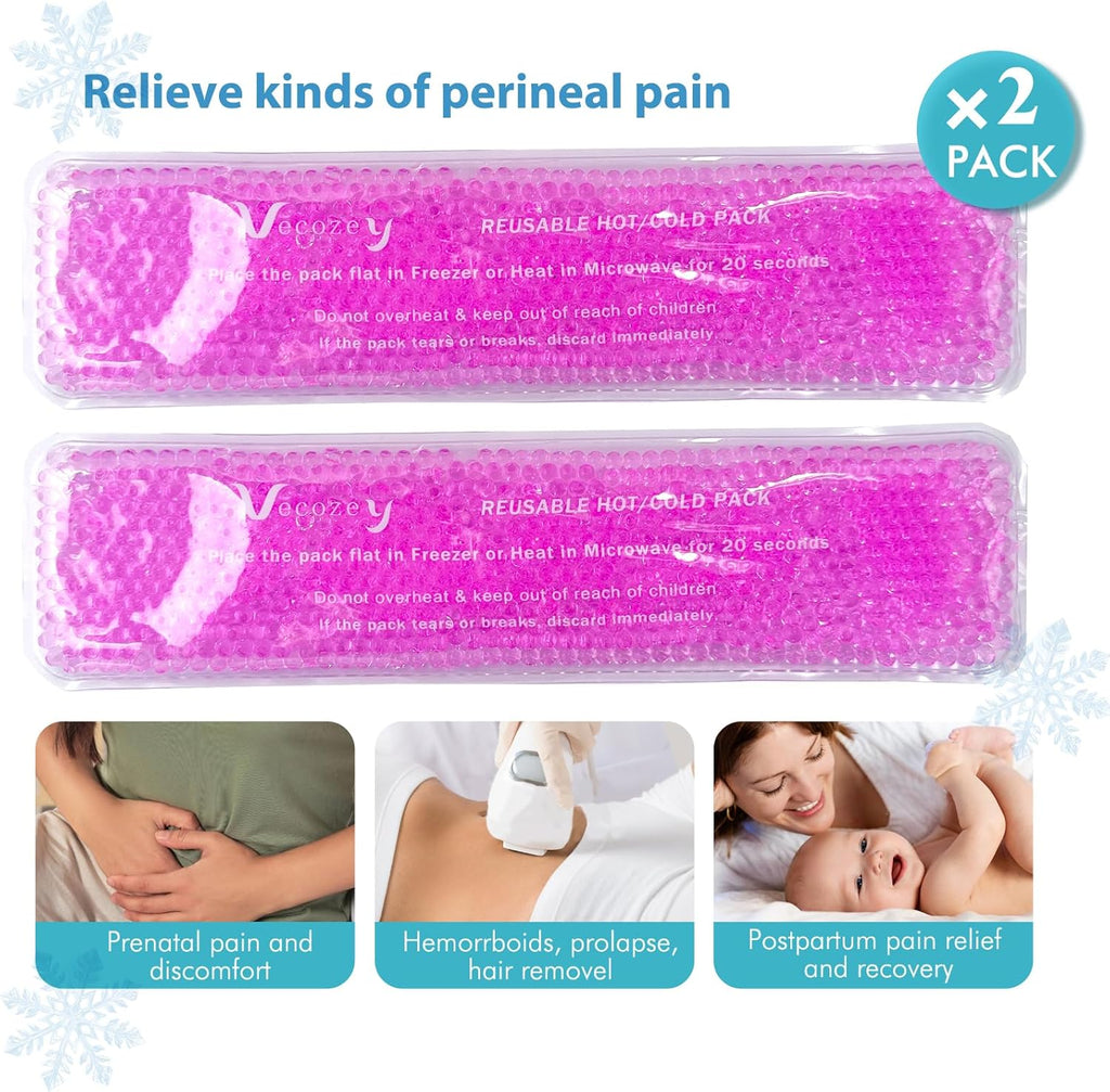 Vecozey 2 Perineal Cold Packs for Maternity Postpartum Care, Reusable Hot & Cold Ice Wraps with Washable Cotton Sleeves for Post Partum & Hemorrhoid Pain Relief, Cooling Pads for Women After Birth