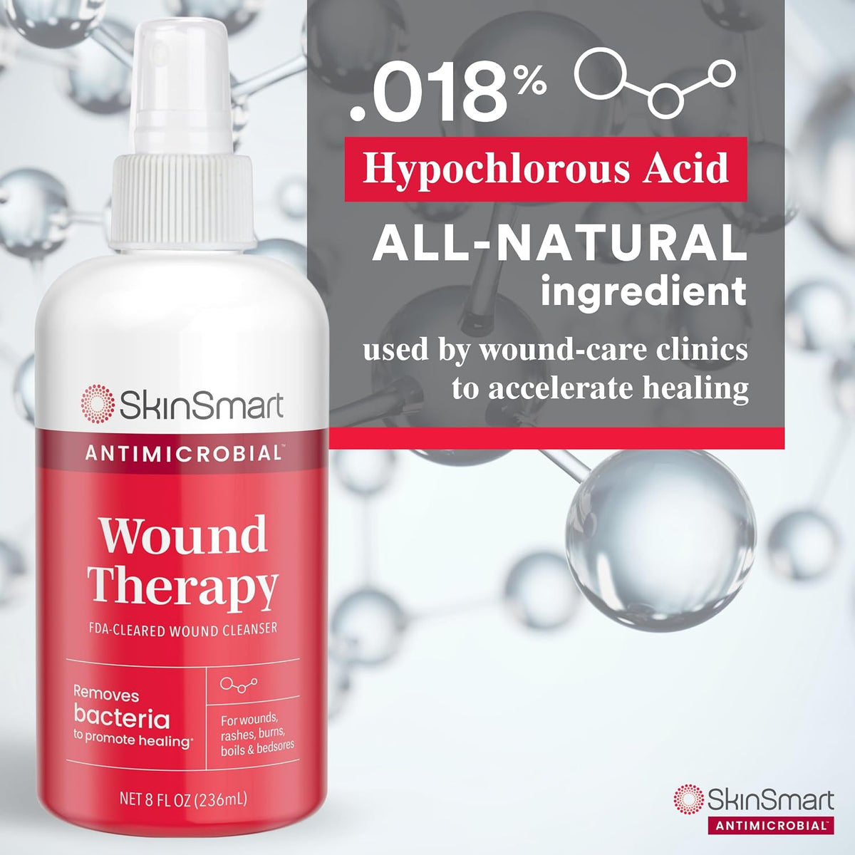 SkinSmart Antimicrobial Wound Therapy, Hypochlorous Acid Spray, 8 oz | Removes Bacteria in Wounds to Accelerate Healing, Medical Grade Natural Wound Cleanser, Safe for Kids, Adults and Seniors