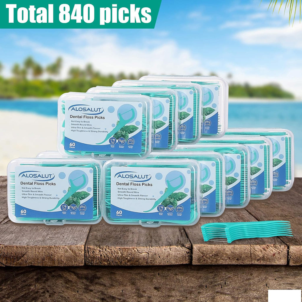 840 Count Dental Floss Picks – Mint Flavored Flossers with Built-in Toothpick for Deep Cleaning – 14 Portable Boxes of 60 – Strong & Smooth Floss Sticks for Family Home Travel - Adults & Kids
