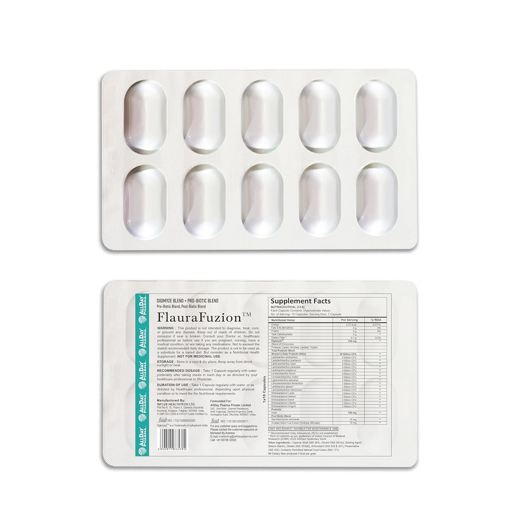 ALLDAY PHARMA FlauraFuzion Probiotic Capsules for Women | 50 Billion CFU | 17 Multi-Strain Probiotics | Gut Health, Digestion Support & Immunity Booster | Women’s Daily Supplement | 10 Capsules
