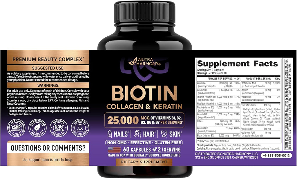 Biotin, Collagen, Hyaluronic Acid & Keratin - Hair Growth Support - 60 Caps | Hair, Skin & Nails Vitamins - Clinically Tested Supplement for Men & Women - 25000mcg Vitamins B1, B2, B3, B6 & B7