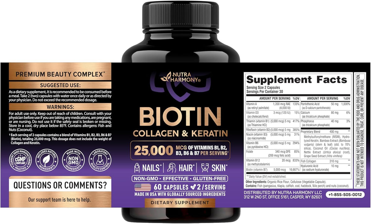 Biotin, Collagen, Hyaluronic Acid & Keratin - Hair Growth Support - 60 Caps | Hair, Skin & Nails Vitamins - Clinically Tested Supplement for Men & Women - 25000mcg Vitamins B1, B2, B3, B6 & B7