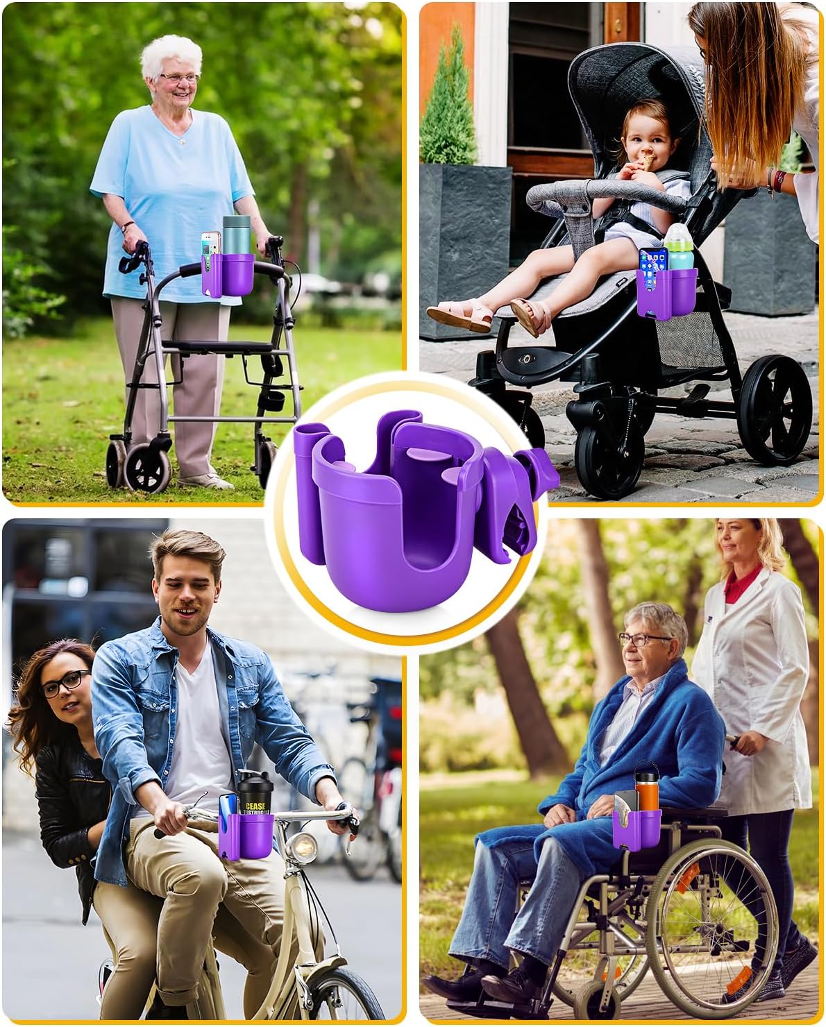 Universal Stroller Cup Holder with Mobile Phone Case, 2-in-1 Strollers Storage Rack, 360 Degrees Rotation Drink Holder for Bike, Pushchair, Wheelchair, Walker,Bicycle, Fits Most Cups (Purple)