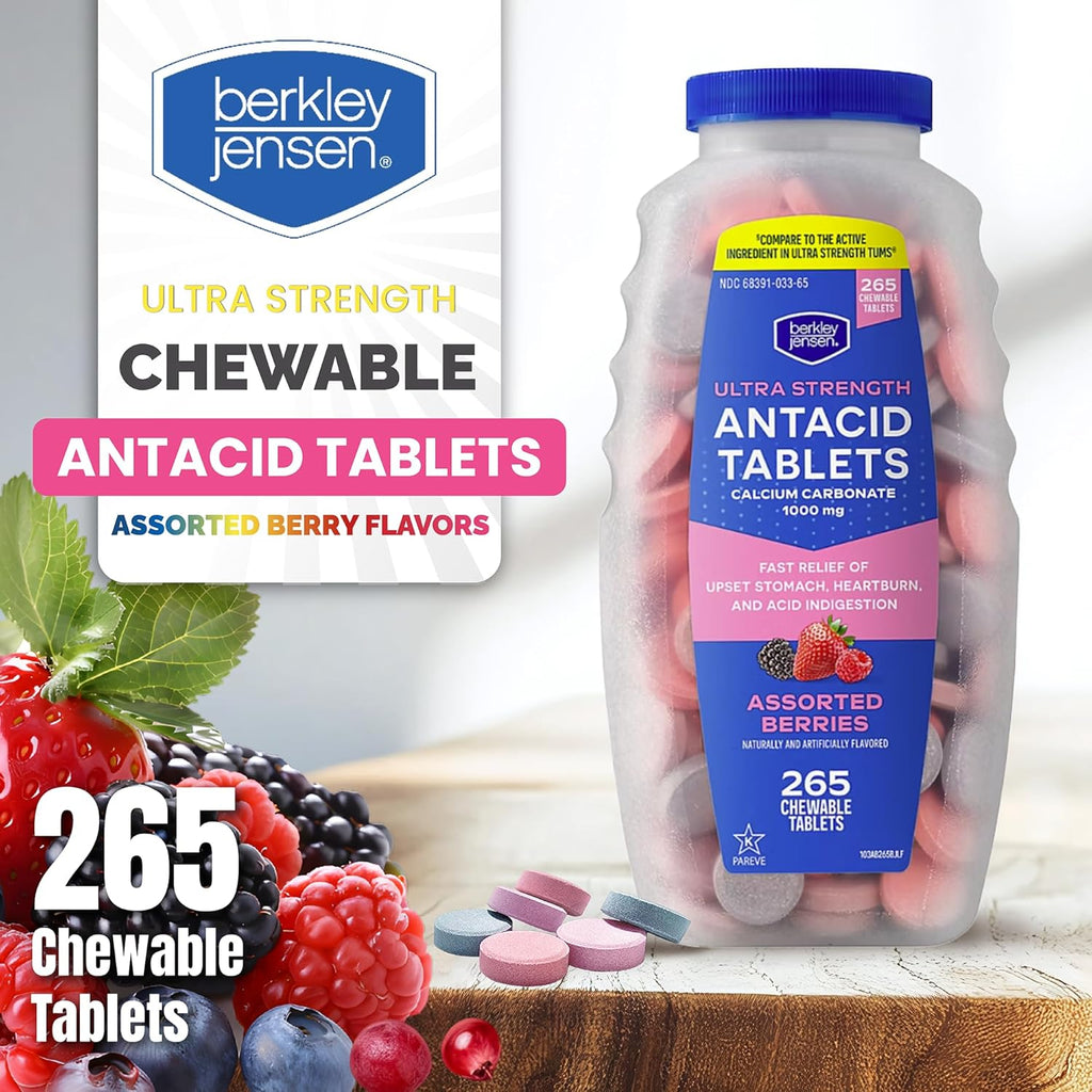 Berkley Jensen Extra Strength Antacid Tablets Chewable - 1000mg Calcium Carbonate Antacids for Heartburn, Acid Indigestion, Upset Stomach Relief - Assorted Berry Flavor - 265 Count (Pack of 1)