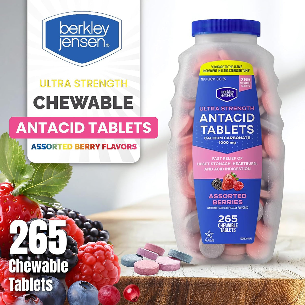 Berkley Jensen Extra Strength Antacid Tablets Chewable - 1000mg Calcium Carbonate Antacids for Heartburn, Acid Indigestion, Upset Stomach Relief - Assorted Berry Flavor - 265 Count (Pack of 1)
