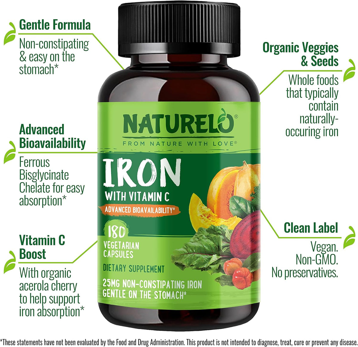 NATURELO Vegan Iron Supplement with Vitamin C and Organic Whole Foods - Gentle Iron Pills for Women & Men with Iron Deficiency Including Pregnancy, Anemia and Vegan Diets - 180 Mini Capsules
