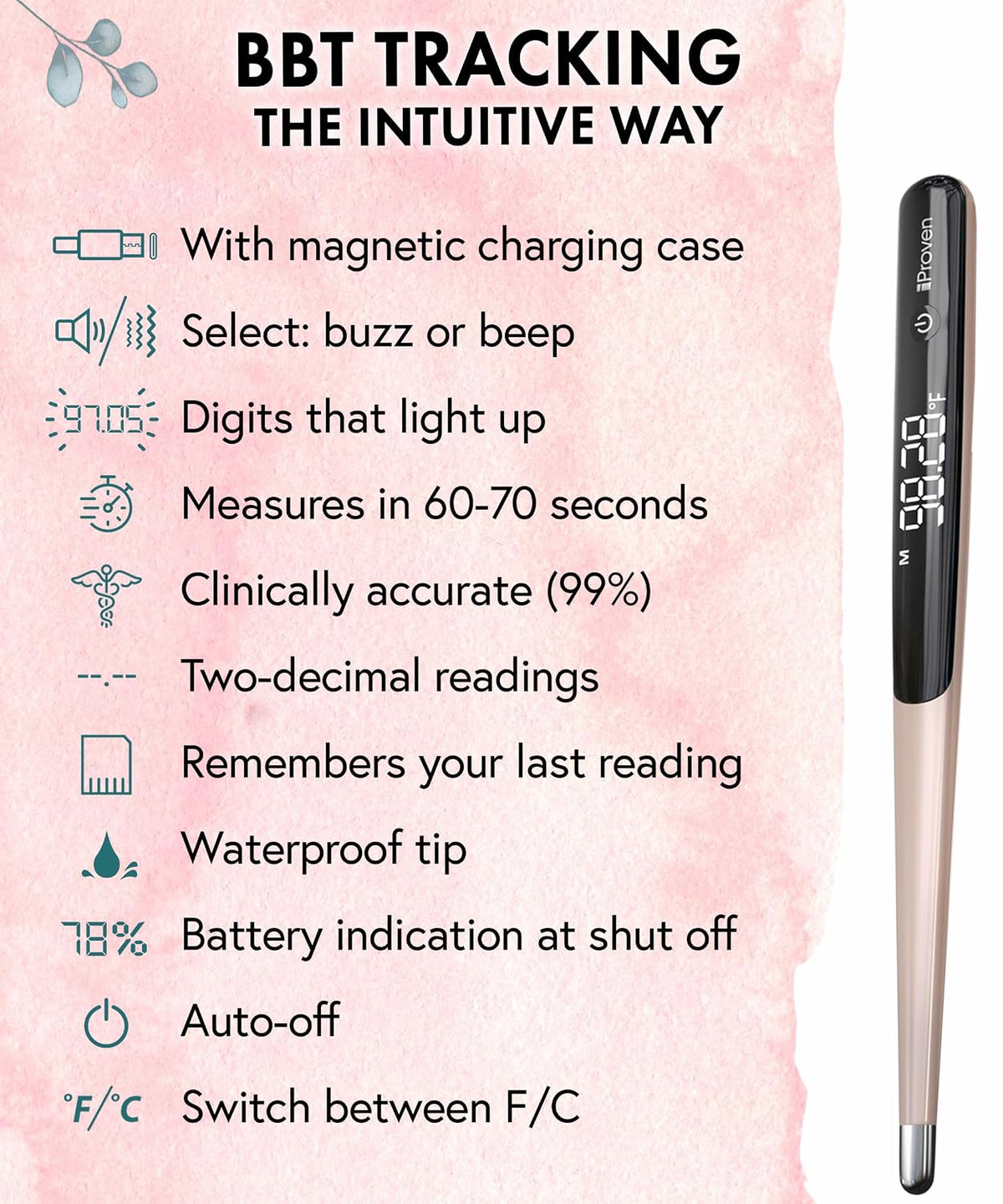 iProven Rechargeable Basal Body Thermometer, 0.01° Precision, Silent Buzz | Accurate 70-Sec Readings, Backlit Display, Last Memory Recall, BBT Thermometer for Natural Ovulation Tracking