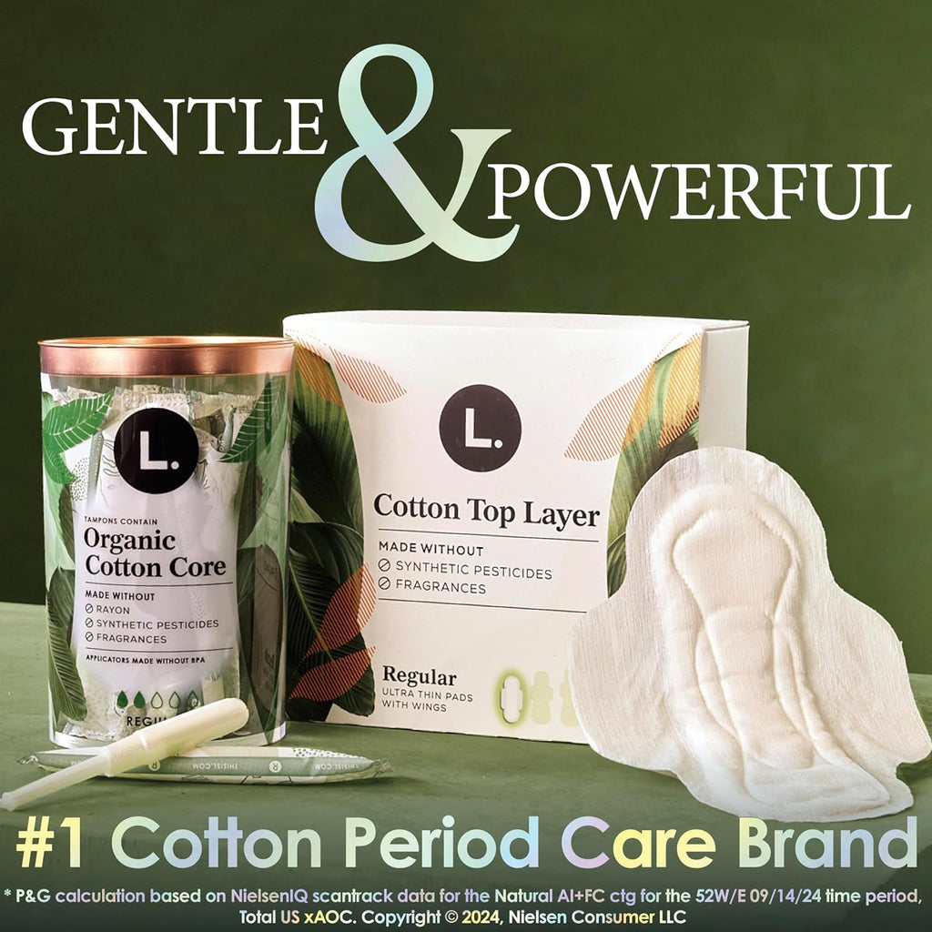 L. Ultra Thin Pads for Women, Organic Cotton Top Layer, Overnight Absorbency, Menstrual Pads with Wings, Made Without Synthetic Pesticides and Fragrances, 36 Count
