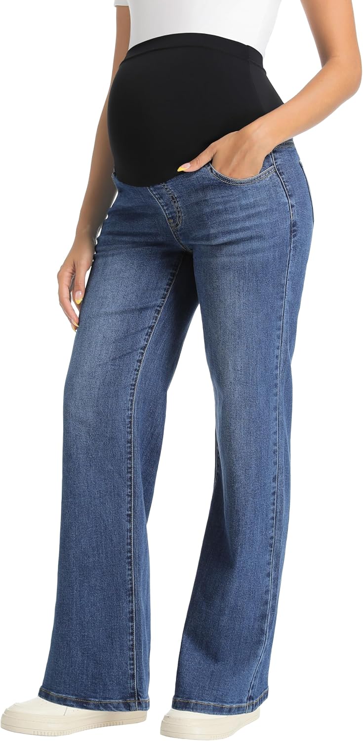 V VOCNI Women's Maternity Jeans Straight Leg Stretchy Pregnancy Jeans Wide Leg Denim Work Pants