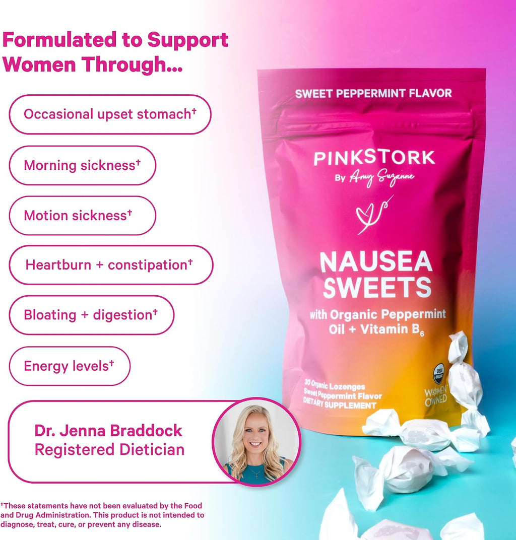 Pink Stork Organic Peppermint Sweets, Morning + Motion Sickness, B6, 30 Ct | USDA Organic Peppermint + Vitamin B6 Lozenges for Morning Sickness, Motion Sickness + Digestive Comfort, Individually Wrapped
