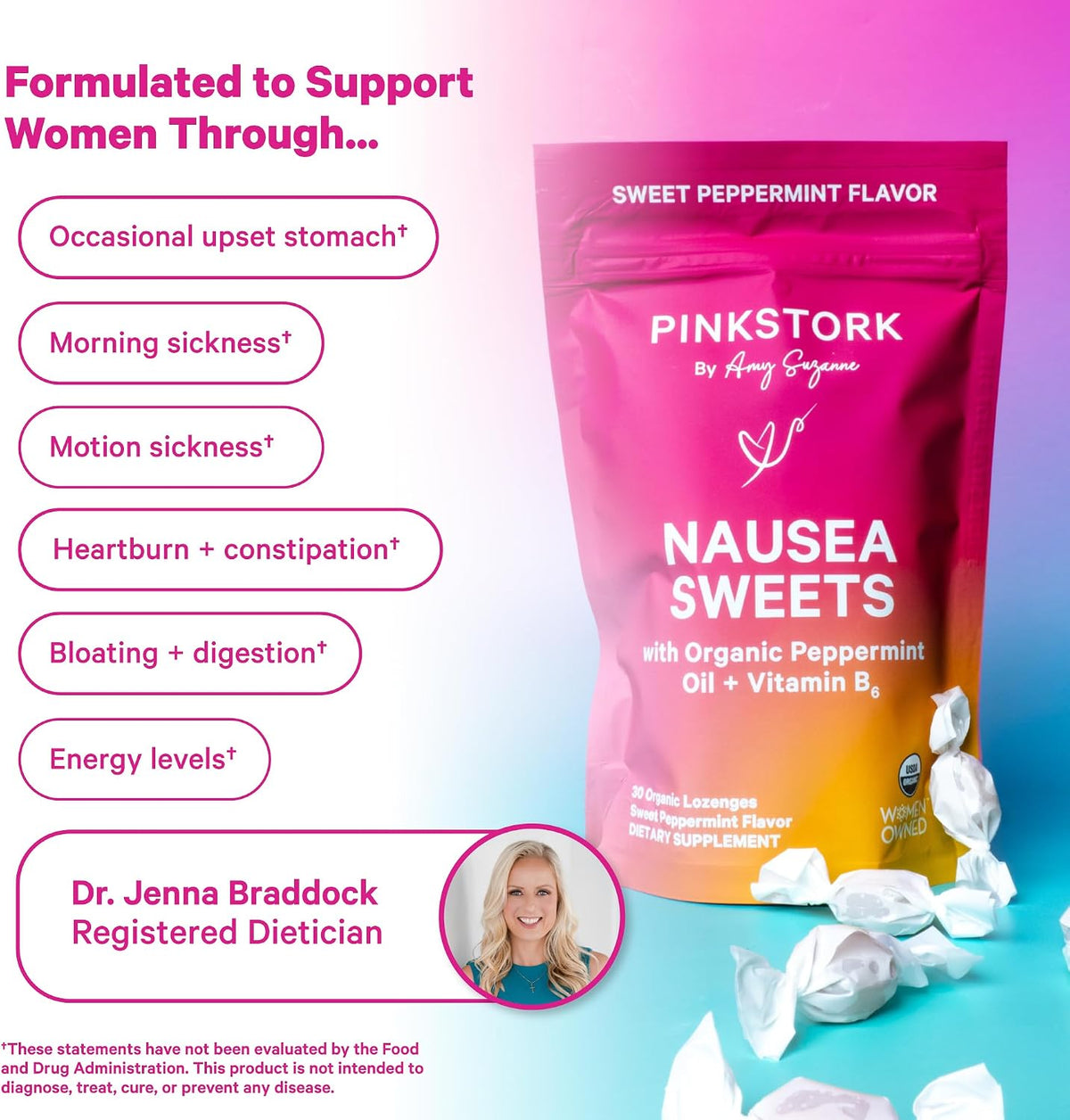 Pink Stork Organic Peppermint Sweets, Morning + Motion Sickness, B6, 30 Ct | USDA Organic Peppermint + Vitamin B6 Lozenges for Morning Sickness, Motion Sickness + Digestive Comfort, Individually Wrapped