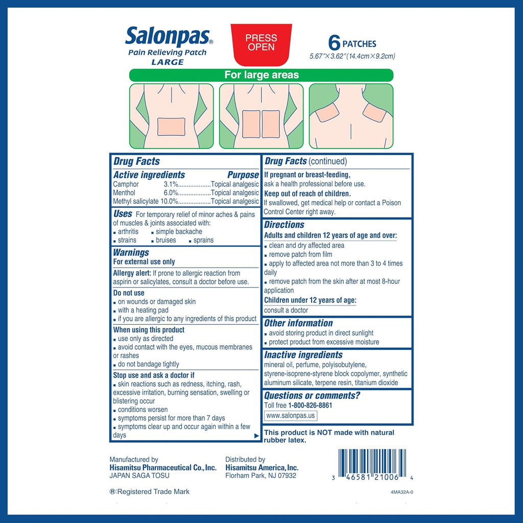 Salonpas Pain Relieving Patch, Large, 6 Count (Pack of 1) | Apply For Up to 8 Hours, For Temporary Relief of Minor Aches & Pains, Stiff Neck, Sore Shoulder, Backache, Joint Pain