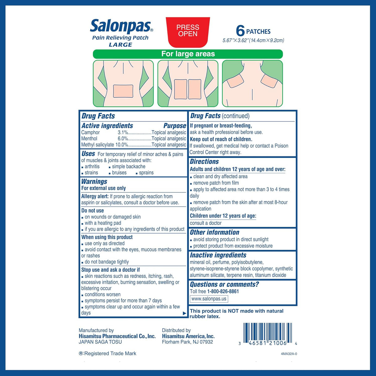 Salonpas Pain Relieving Patch, Large, 6 Count (Pack of 1) | Apply For Up to 8 Hours, For Temporary Relief of Minor Aches & Pains, Stiff Neck, Sore Shoulder, Backache, Joint Pain