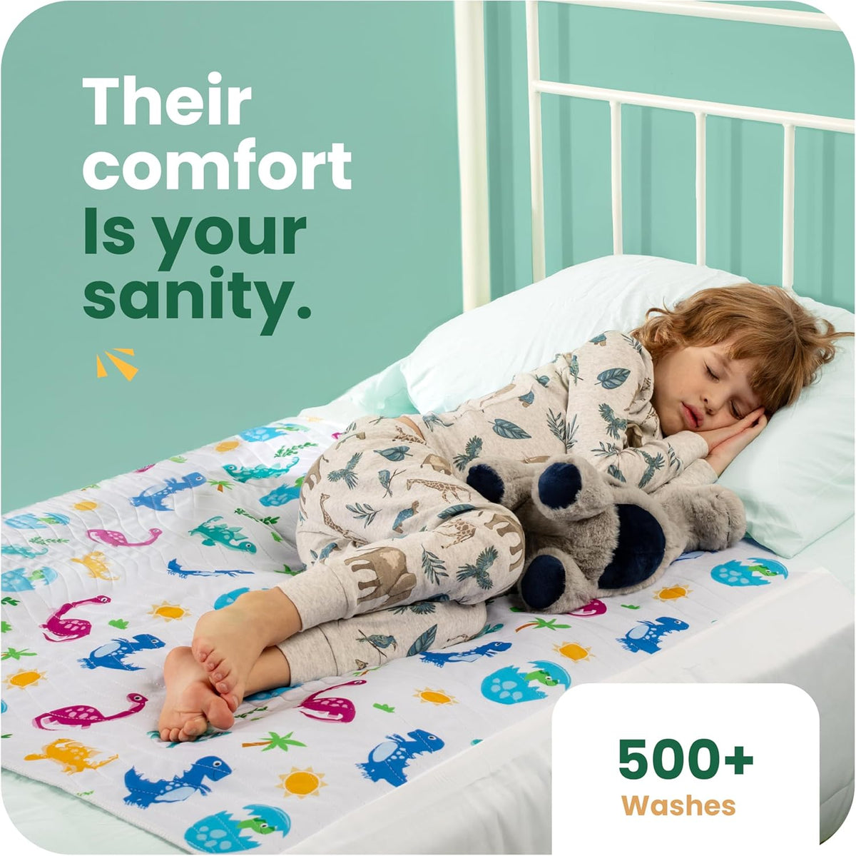 IMPROVIA® Pee Pads for Kids - Bed wetting Pads for Kids Potty Training Bed mats for Toddlers Waterproof Reuseable Washable Absorbent, Non Slip - Dino Design - Twin Size 34”x36