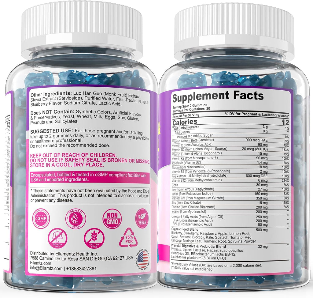 Prenatal Vitamins for Women Gummies + Methylfolate, DHA & Iron, Vegan,120Ct | w/ Omega-3, Organic Food Blend, Choline, Vitamin D3 B6 B12 - Multivitamin for Women Before, During & Post Pregnancy, 0g Sugar