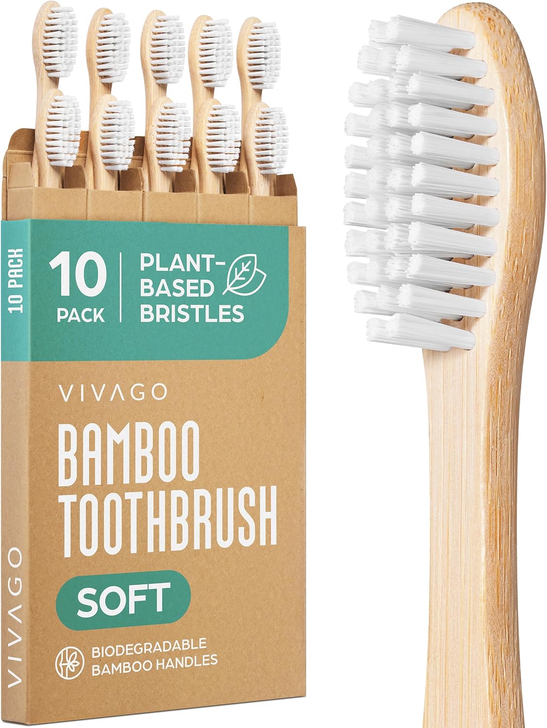 VIVAGO Bamboo Toothbrushes 10 Pack – Plant-Based Soft Bristles | Natural Toothbrush, Eco-Friendly, Wooden Toothbrush, BPA-Free