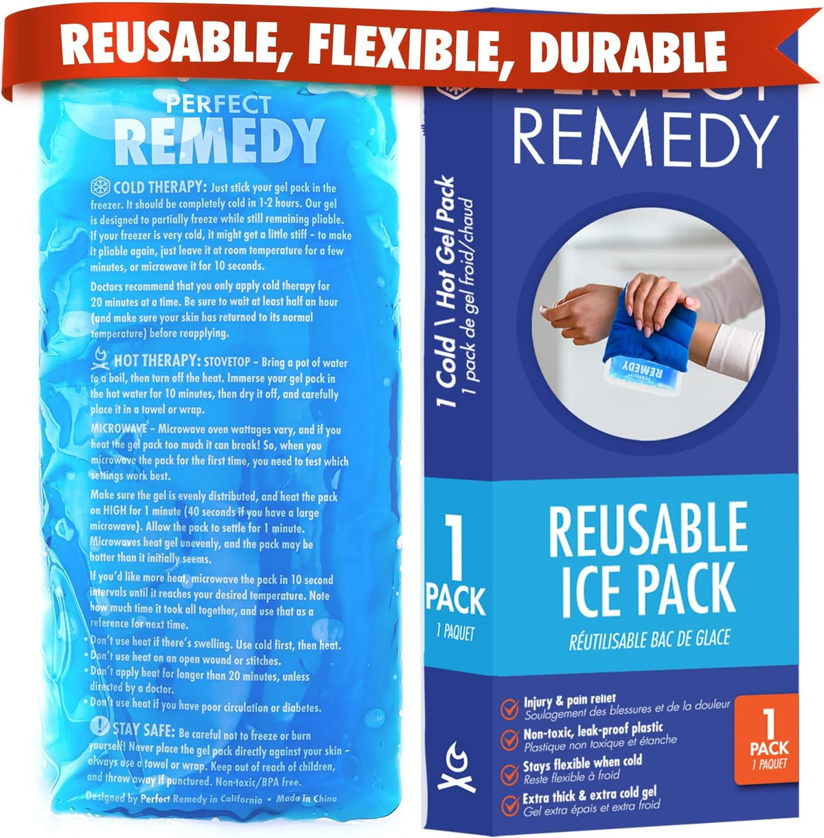Gel Ice Pack - Hot & Cold Compress, Reusable Injury Ice Pack for Knee, Shoulder, Back, Neck, Hip, Ankle, Wrist, Foot Pain Relief & Injury Recovery Soft Gel for Muscle Strain (Blue, Reg)