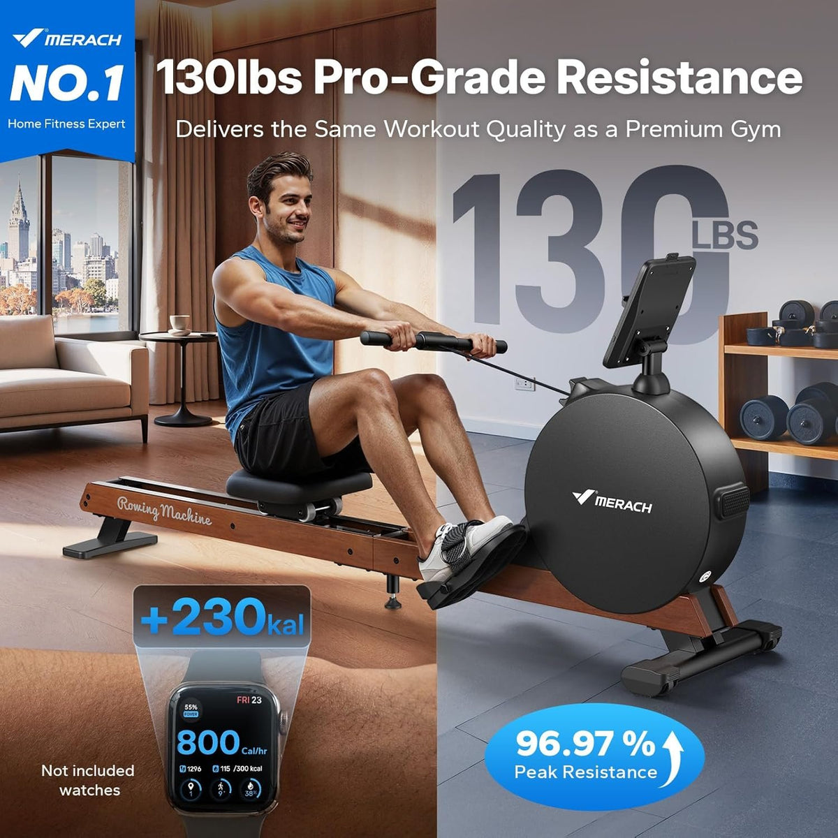 MERACH Pro-Grade Rowing Machines for Home, Smart Magnetic Rowing Machine with Self-Generation, Double Resistance and 400 LBS MAX Load, Wooden Tracks for Silent Sliding