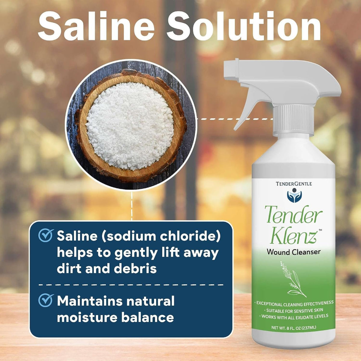Wound Cleanser Spray, 8 oz - Saline Wound Wash for Cleaning Wounds - No Rinse Solution with Adjustable Nozzle - Good for Sensitive Skin