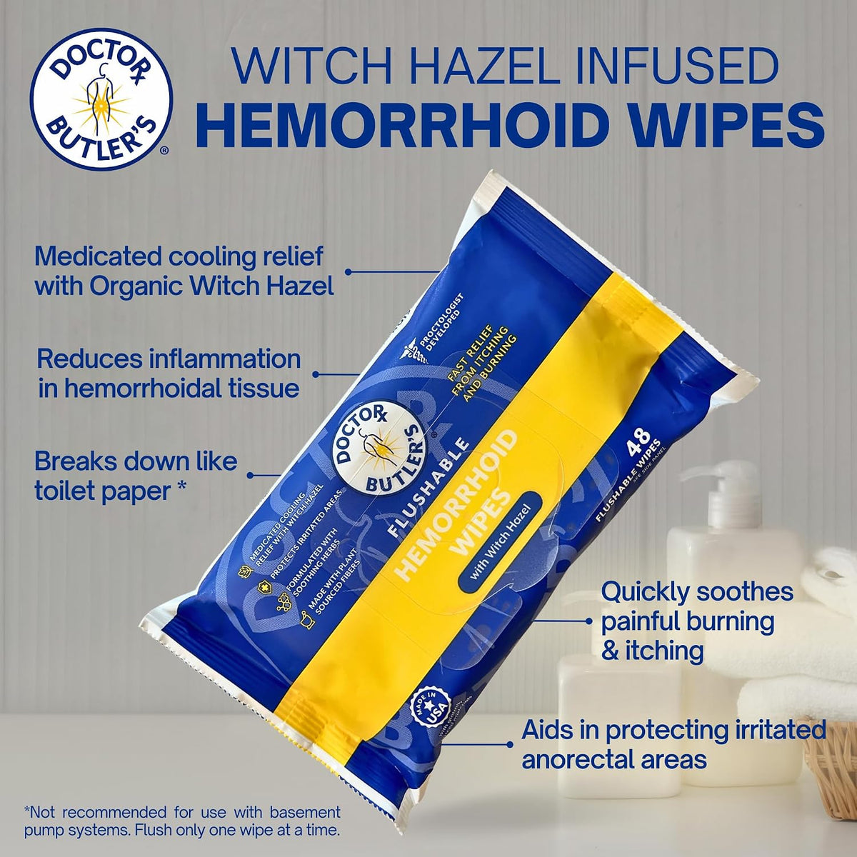 Doctor Butler's Flushable Hemorrhoid Wipes - Flushable Wipes or Moist Compress with Organic Witch Hazel to Soothe and Bring Relief From Discomfort Associated with Hemorrhoids (48 Count)