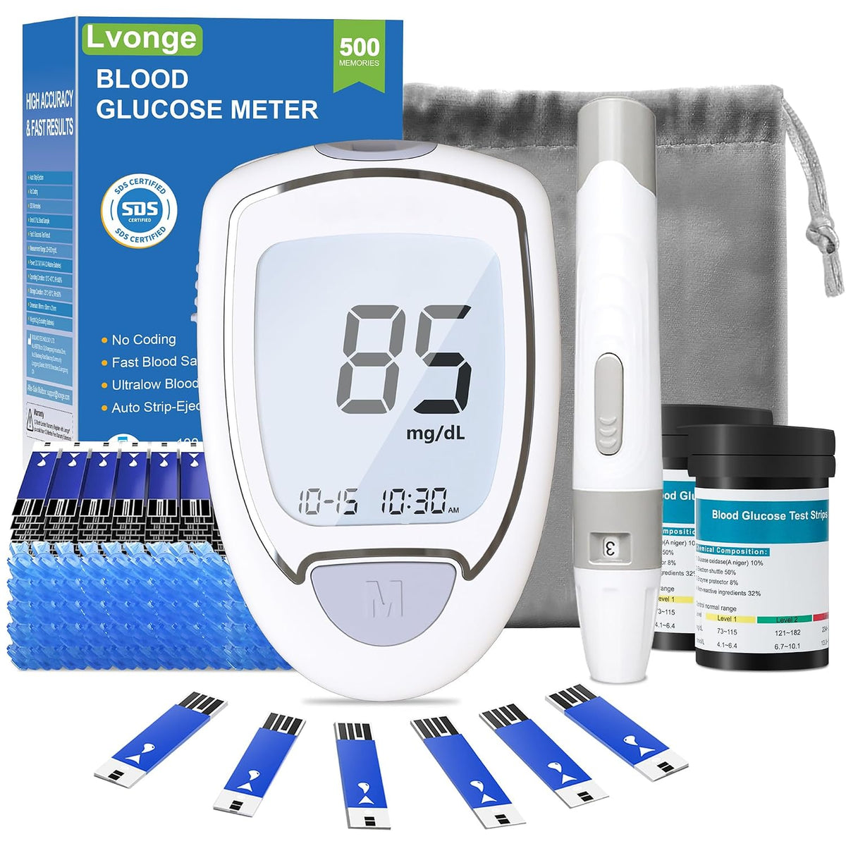Glucose Monitor Kit, High Accuracy Blood Sugar Testing Kit with 100 Glucometer Strips & 100 Lancets, Larger-Screen Glucose Monitor with Lancing Devices, No Coding, Portable for Home or Travel