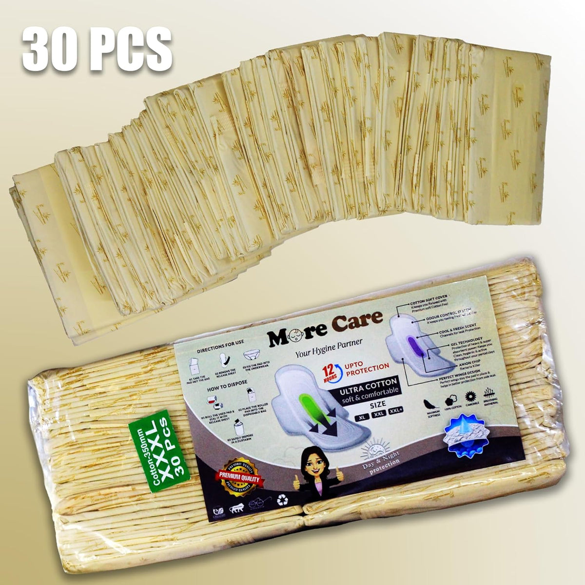 Morecare XXL Organic Cotton Sanitary Pads for Women | 100% Leak-Proof, Ultra-Dry & Soft, Antibacterial Protection | 320mm Extra Long | Pack of 30 Pads (BAMBOO XXL)