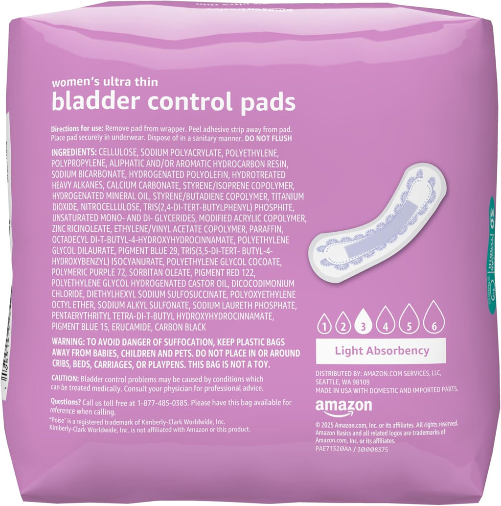 Amazon Basics Women's Incontinence Pads, Bladder Control & Postpartum, Light Absorbency, Unscented, 30 Count