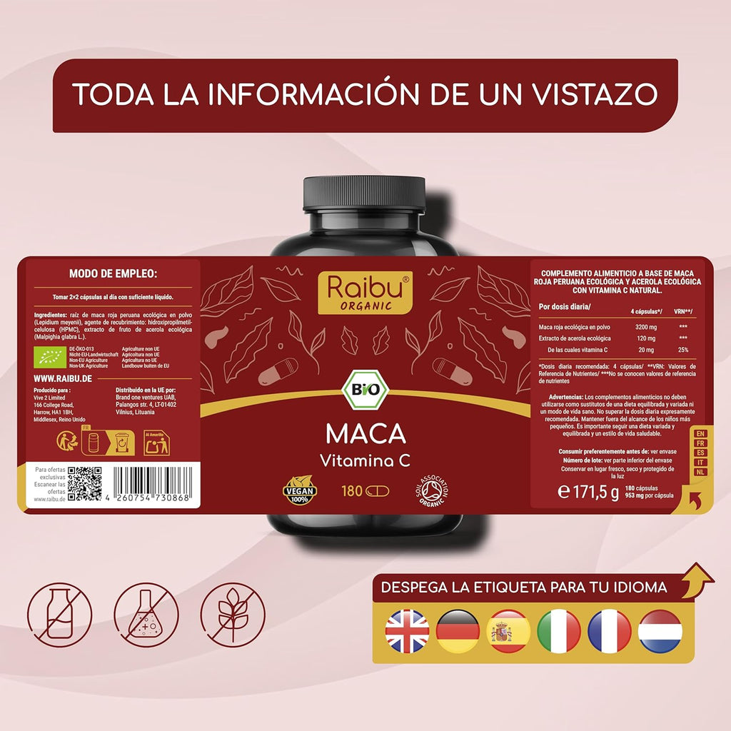Red Maca BIO Peruana - 180 capsules of Red Maca with vitamin C - Vitality and feminine balance - 3,200 mg per daily dose (equivalent to 12,800 mg of Peru root) - Certified organic