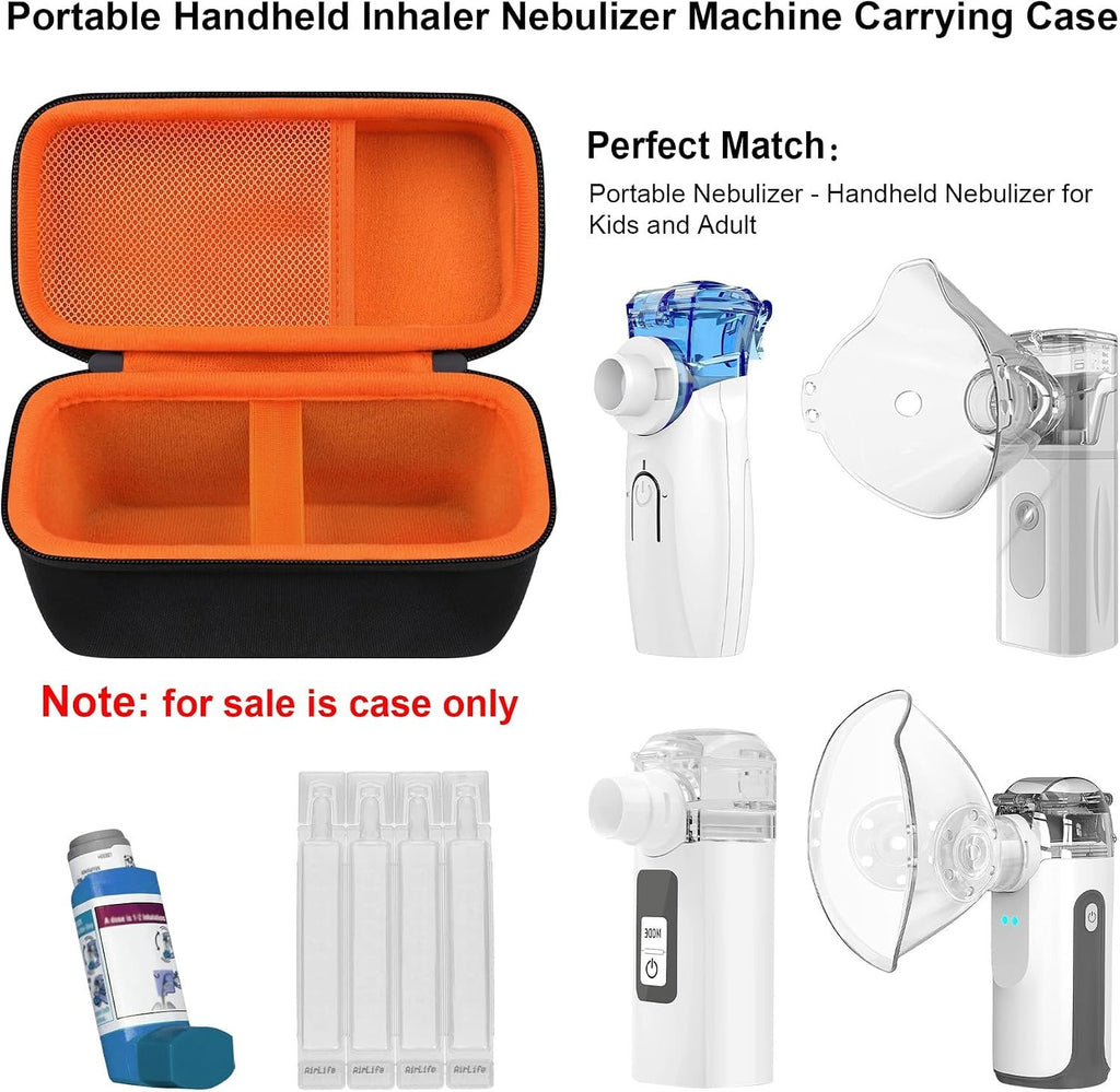 Elonbo Carrying Case Compatible with Portable Handheld Inhaler Nebulizer Machine, Asthma Inhaler/Handheld Atomizer Machine Hard Travel Bag, Mesh Pocket Fits Charging Cable, Black+inside Orange