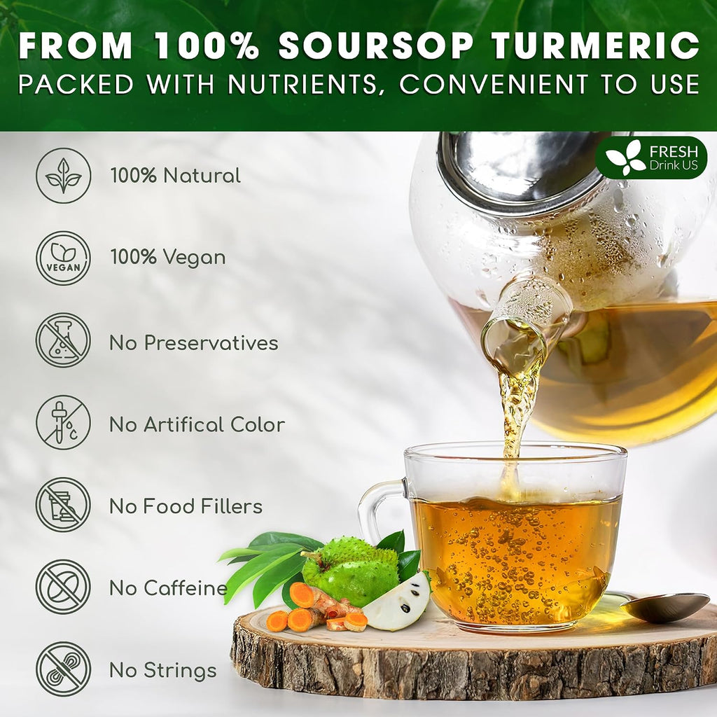 FreshDrinkUS, Premium 60 Soursop Turmeric Tea Bags, 100% Natural, Blend of Soursop Leaves, and Turmeric Root. No Sugar, Vegan.