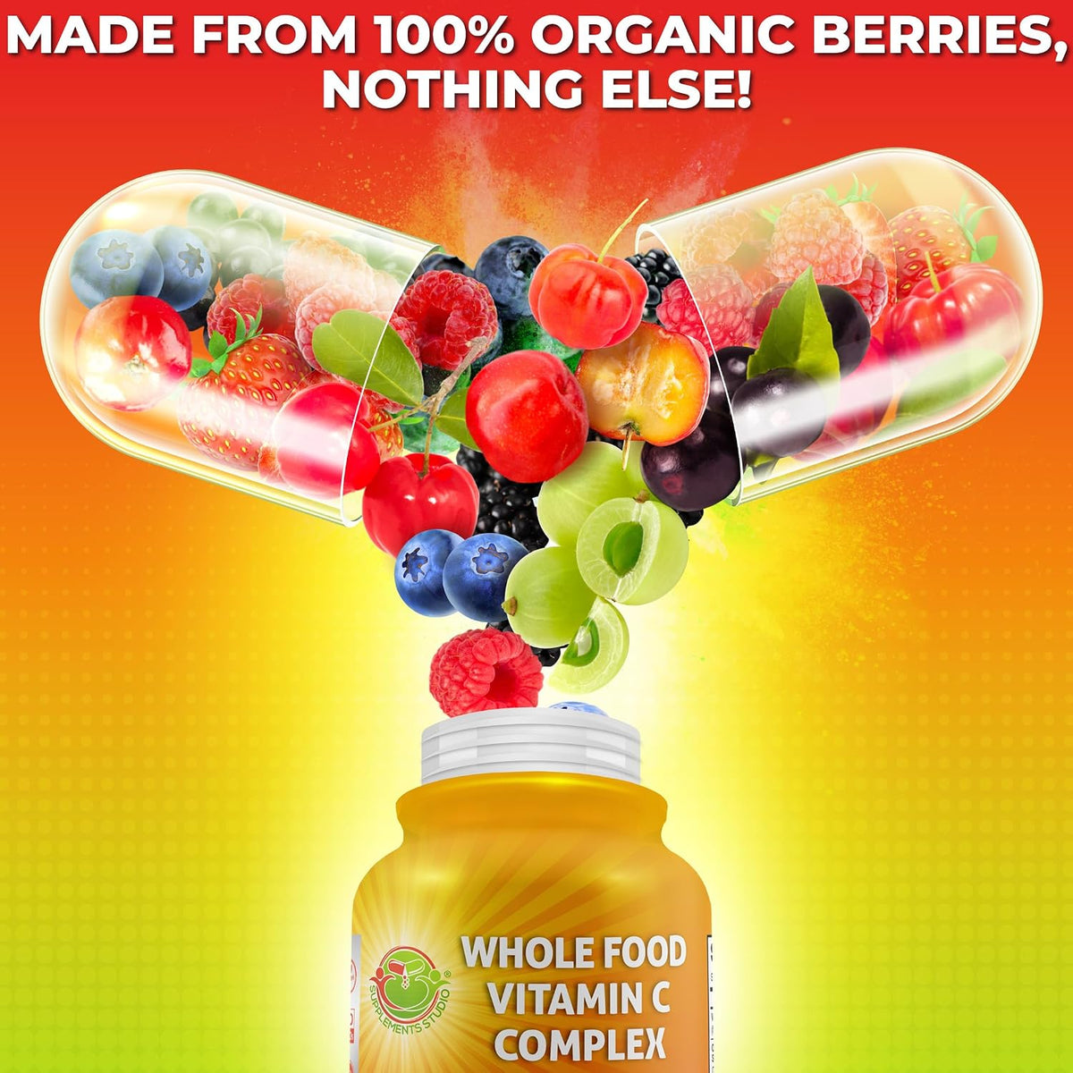 Whole Food Vitamin C Complex - 1450mg Organic Berries - 675 mg Vitamin C per Serving, High-Potency Antioxidant & Immune Support with Acerola, Amla and Natural Bioflavonoids - Vegan, Non-GMO, 120 Count
